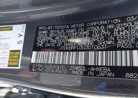2016 Toyota Prius Two from USA, damaged, VIN JTDKBRFU3G3010631